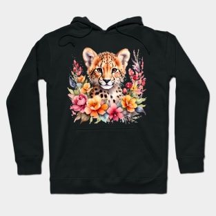 A baby cheetah decorated with beautiful watercolor flowers Hoodie